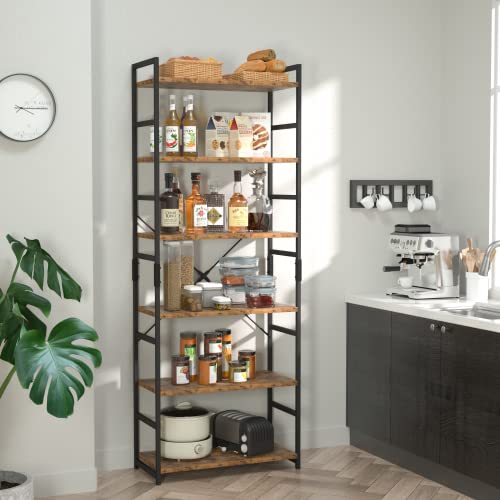 NUMENN 6 Tier Bookshelf, Tall Freestanding Open Storage Bookcase, Vintage | Storage Organizer with Metal Frame & Wood Shelves, Support Bars & Adjustable Feet for Bedroom, Living Room & Home Office - color: Vintage, size: 6 Tier