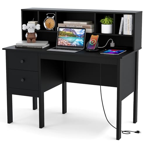 Tangkula Black Desk with Drawers & Hutch, Modern Home Office Desk with Power Outlets, USB Ports & Type-C, Writing Study Desk with 5-Cubby Hutch, Computer Workstation Makeup Vanity Desk - color: Black