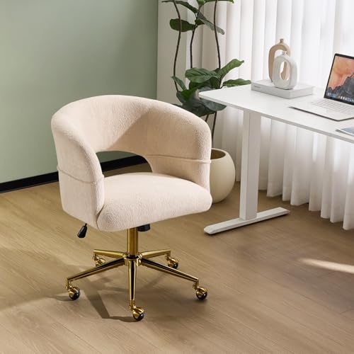 VINGLI Modern Curved Office & Vanity Desk Chair, Cute Upholstered Nail Chair with Wheels & 360° Swivel & Club & Tilting & Gold Base, for Living Room,Bedroom,Makeup, Velvet Chenille, Beige - color: Beige