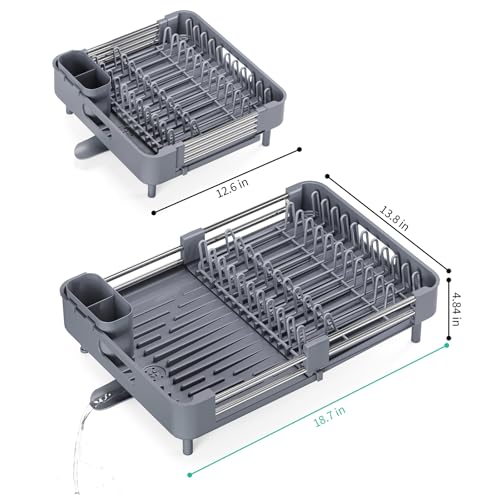 TOOLF Expandable Dish Drying Rack with Cutlery Holder, Standard, Grey | Over or In Sink Stainless Steel Dish Drainers for Compact Kitchen, Space Saving, Fast Drain, Rustproof, For 1-3 people - color: Gray