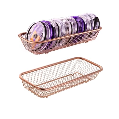 2Pack Stainless Steel Tumbler Cup Lid Organizer, Mason Jar Lid Holder | Rectangular, Rosegold, Stainless Steel Mesh, Cabinet Storage Basket, Silverware, Chopsticks, Straws, Utensils - style: RoseGoldModern-2pack