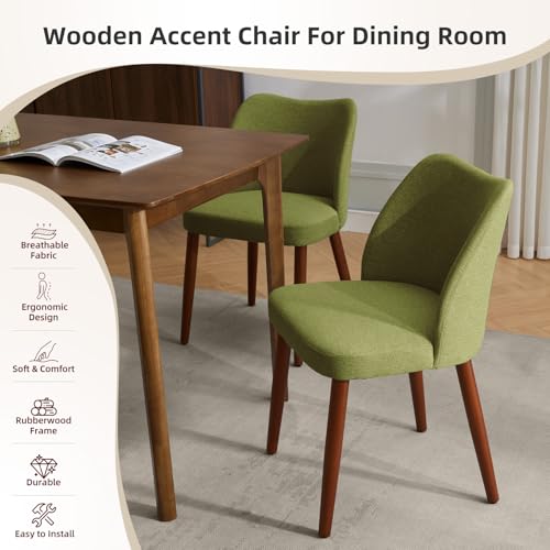 GarveeHome Wooden Dining Chair Set of 4 Upholstered Fabric Dining Chair | Modern Kitchen Chairs with Curved Backrest Leveling Feet for Dining Room, Living Room, , No tool assembly, No Wobble, Green - color: Green