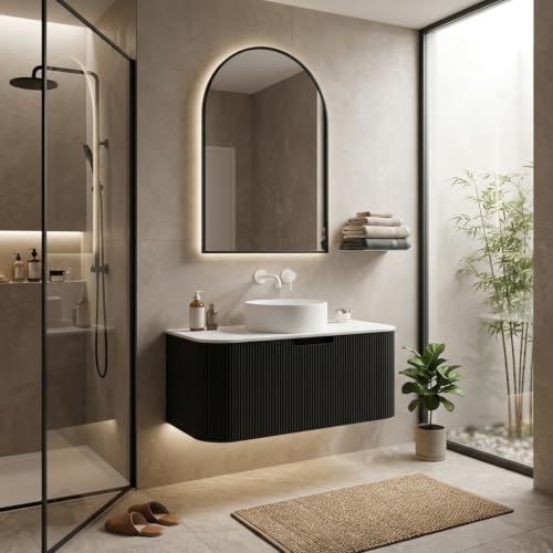30" Floating Bathroom Vanity with Sink, Wall Mounted Plywood Cabinet, Black Fluted Front, Sintered Stone Countertop, White Round Ceramic Vessel Sink, Soft-Close Drawer, Pre-Assembled - color: Black Cabinet / White Sink, size: 30 Inch