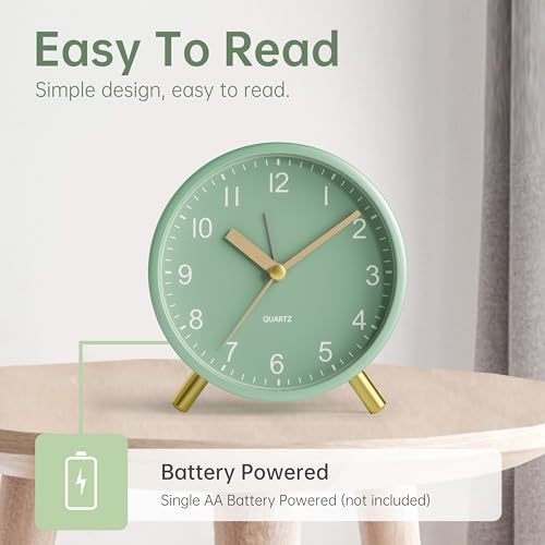 JALL Analog Alarm Clock, 4 inch Super Silent Non Ticking Small Clock with Night Light, Battery Operated, Simple Design, Easy Setting for Office, Bedroom, Bedside, Desk, Teens, Elders, Adult, Green - color: Green+gold