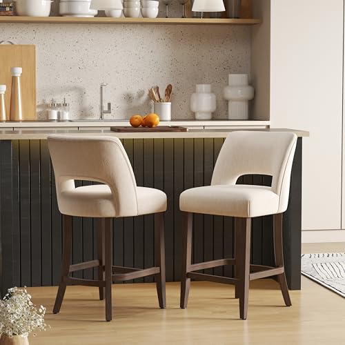 VKNOW Bar Stools Set of 2, 26" Fabric Counter Height Bar Stools, Beige | Modern Upholstered Counter Stools with Rubberwood Legs for Kitchen Island Dining Room Bar - color: Beige, size: Set of 2