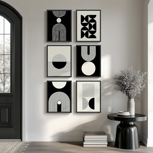 Wood Framed Modern Abstract Canvas Wall Art Sets of 6, Black and White Minimalist Prints, Bohemian Geometric Decor Painting for Living Room, Bedroom, Hallway and Office 11x14 Inch - color: Black and White