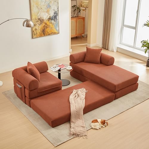 107" Modular Sectional Sofa Bed, L-Shape Corduroy Boneless Couch, Orange | Sleeper Futon Sofa Bed, Boneless Couches for Living Room, Modular Couch with Storage, Pull Out Couch, No Assembly Required - color: Orange Corduroy