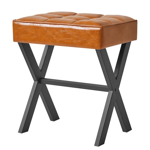 IBUYKE Square Makeup Stool with X-Leg, PU Vanity Chair, Light Brown LG-71J | Footrest Ottoman Seat Multi-Use Small Side Table Bedroom Living Room - color: Light Brown, size: 17.72"-Leather