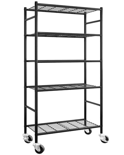 Sakugi 5-Tier Storage Shelves 33.1" x12.6" x73.5" Black with Wheels | Kitchen, Closet, Pantry, Garage, Heavy Duty, Adjustable Feet, Metal Construction - color: Black, size: 33.1W x 12.6D x 73.5H(5T)