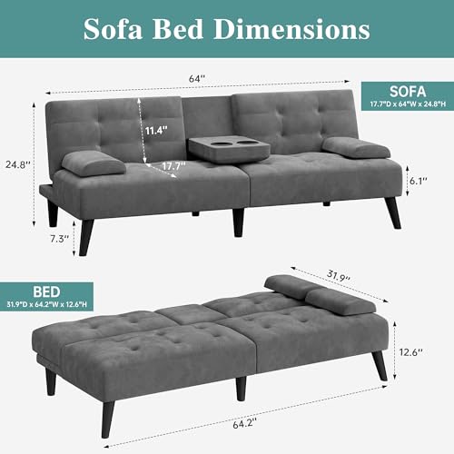 64" Futon Sofa Bed, Convertible Loveseat with 2 Cup Holders, Small Couch with 3 Adjustable Angles， Removable Armrests, Sleeper Sofa for Small Space, Dark Grey - color: Dark Grey