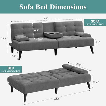 64" Futon Sofa Bed, Convertible Loveseat with 2 Cup Holders, Small Couch with 3 Adjustable Angles， Removable Armrests, Sleeper Sofa for Small Space, Dark Grey - color: Dark Grey