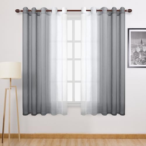 DWCN Grey Ombre Faux Linen Short Sheer Curtains - Extra Wide Gradient Semi Voile Light Filtering Grommet Top Bedroom and Living Room Curtains, 60 x 63 Inches Long, Set of 2 Window Curtain Panels - color: Grey, size: 60"W x 63"L (Pack of 2)