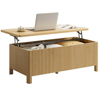 Fluted Lift Top Coffee Table with Storage, Mid Century Modern Coffee Table with Hidden Compartment, Rising Top Wood Center Table for Living Room, Home Office, Rounded Edges (Natural Oak) - color: Natural Oak