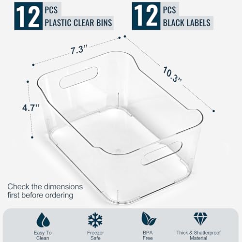 12 PACK Multi-Use Clear Plastic Storage Bins for Organizing w/Labels - Home, Kitchen, Pantry, Bathroom, Office, Cabinet Shelf Organizer Bins - SOHO Collection, RV, Fridge Organization Containers - L - size: Large