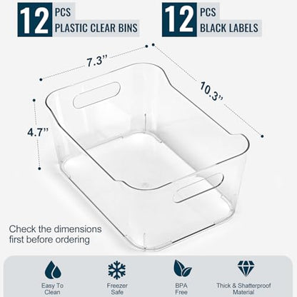 12 PACK Multi-Use Clear Plastic Storage Bins for Organizing w/Labels - Home, Kitchen, Pantry, Bathroom, Office, Cabinet Shelf Organizer Bins - SOHO Collection, RV, Fridge Organization Containers - L - size: Large