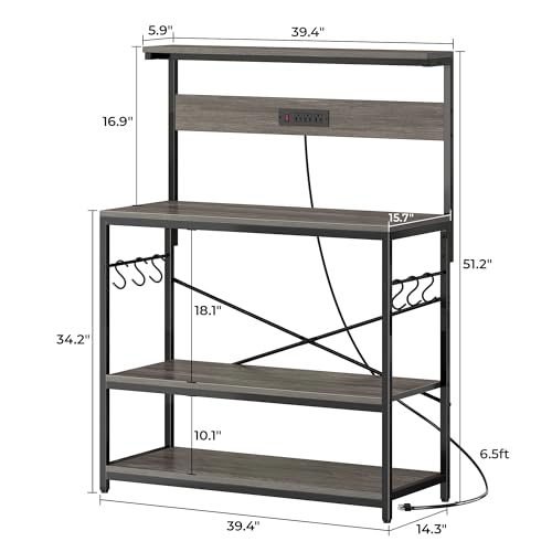 SUPERJARE Bakers Rack with Power Outlets, Microwave Stand, 39.4 X 14.3 Inch Larger Desktop, Kitchen Storage Rack with Adjustable Middle Shelf, 6 S-Shaped Hooks, Coffee Bar Stand, Grey - color: Charcoal Gray, size: 39.4inch