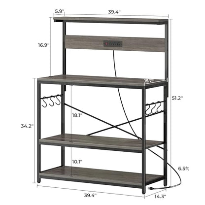 SUPERJARE Bakers Rack with Power Outlets, Microwave Stand, 39.4 X 14.3 Inch Larger Desktop, Kitchen Storage Rack with Adjustable Middle Shelf, 6 S-Shaped Hooks, Coffee Bar Stand, Grey - color: Charcoal Gray, size: 39.4inch