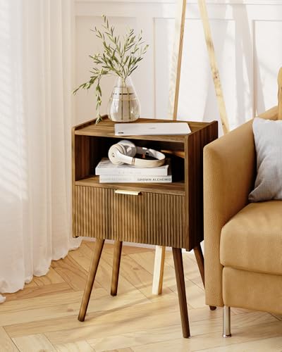 Nightstand,Modern Bedside Table with Storage Drawer and Open Wood Shelf, for Living Room, Bedroom and Small Spaces, Accent Night Stand with Solid Wood Legs, Easy Assembly,Walnut Brown - color: Walnut Brown
