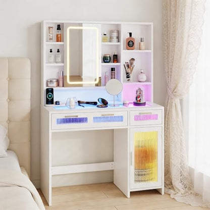 Hadulcet White Vanity Desk with Mirror and Lights, Makeup Vanity with Power Outlet & 10 Shelves, RGB LED Vanity with Drawers, 3 Modes Adjustable Brightness - color: White, size: 15.8"D x 42.9"W x 57.1"H