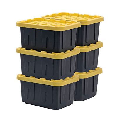 BLACK & YELLOW 5-Gallon Stackable Plastic Storage Bins with Lids, 6 Pack | Small heavy-duty storage totes for garage, closet, classroom & home organization, 8.6H x 12.3W x 16.4D, Black & Yellow