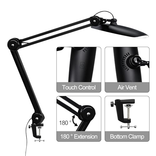 20" LED Desk Lamp with Clamp, 24W CCT Adjustable Dimmable Nail Light for Desk, 120 LEDs Metal Swivel Arm Daylight for for Nail Tech Task Home Office Reading Architect Craft, Black - color: Black