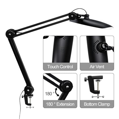 20" LED Desk Lamp with Clamp, 24W CCT Adjustable Dimmable Nail Light for Desk, 120 LEDs Metal Swivel Arm Daylight for for Nail Tech Task Home Office Reading Architect Craft, Black - color: Black