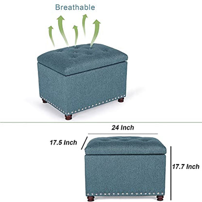 Adeco Rectangular Storage Ottoman Foot Rest Stool, Fabric Button Tufted Storage Ottoman with Hinged Lid (Cyan) - color: Cyan