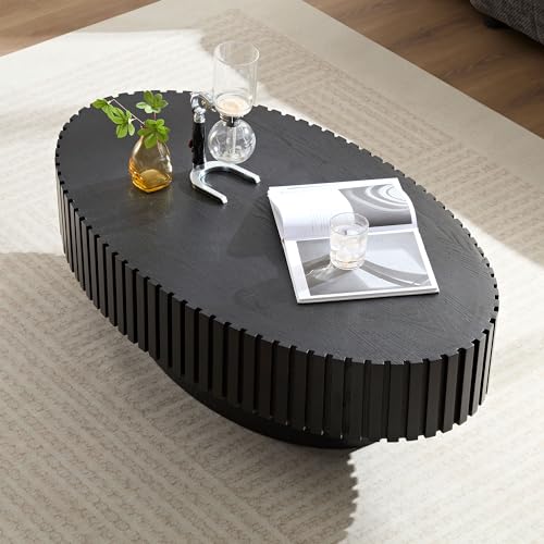 JUSTONE 43.31 Inch Black Oval Coffee Table, Farmhouse Wood Farmhouse Style with Handcrafted Relief & Circle Drum Design for Living Room & Apartments, 43.31x13.78 Inches (Black) - color: 43.3'' Oval - Black