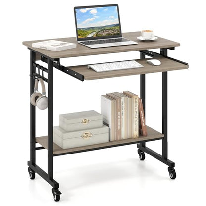 GIANTEX Rolling Computer Desk, Mobile Desk with Keyboard Tray & Wheels, Portable Laptop PC Table Cart with Shelf & Hooks, Small Desk for Small Spaces, Bedroom, Apartment (Grey Oak) - color: Grey Oak