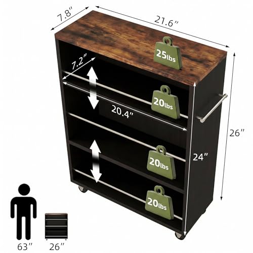 4-Tier Slim Rolling Cart with Wheels, 7.9"W Narrow Storage, Black & Brown | 4 adjustable MDF shelves (20 lbs each), 360° casters + side handle, Fits kitchen, laundry, bathroom & dorm tight gaps - color: Black