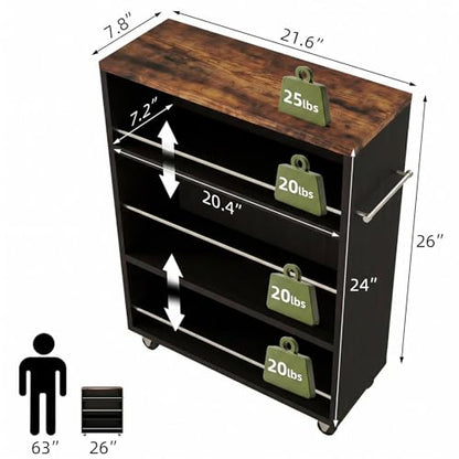 4-Tier Slim Rolling Cart with Wheels, 7.9"W Narrow Storage, Black & Brown | 4 adjustable MDF shelves (20 lbs each), 360° casters + side handle, Fits kitchen, laundry, bathroom & dorm tight gaps - color: Black