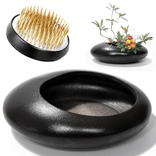 Flower Frog Vase Kit, 2-Inch Brass Florist Frog for Arrangements and Ceramic Water Drop Pot, Elegant Ikebana Flower Holder for Cut Flowers, Floral Decor Kit (Black Large Size) - color: Black, size: Large Size