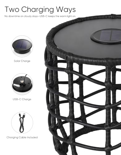 Boho Solar Outdoor Side Table with Built-in Lights Set of 2, All-Weather Wicker Nesting Tables, Round Waterproof Accent End Table Design for Patio, Porch, Garden & Balcony, Black - color: Black
