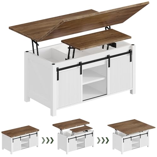 Lift Top Coffee Table, 4 in 1 Convertible Coffee Table, Farmhouse Coffee Tables, with Hidden Compartments, with Sliding Doors, for Living Room, Apartment, White and Walnut MKF01WL - color: White + Walnut