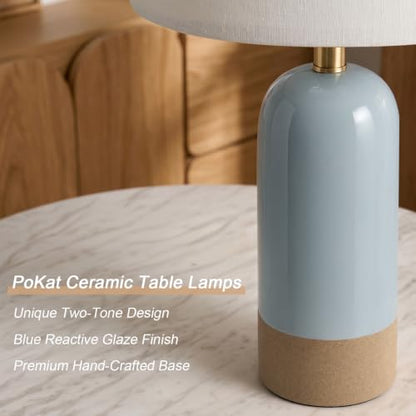 PoKat 24'' Farmhouse Blue Table Lamps Set of 2 for Living Room, Two-Tones | Ceramic Bedside Lamps for Bedroom, Hand-Textured Design, Kiln Variation Glaze, Coastal Lamps for Nightstand, Hallway,Entryway - color: Blue Reactive Glaze