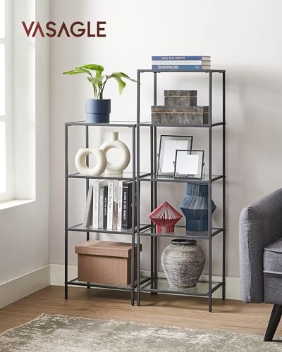 VASAGLE Bookcase, 5-Tier Bookshelf, Slim Shelving Unit for Bedroom, Bathroom, Home Office, Tempered Glass, Steel Frame, Ink Black ULGT029B61 - color: Ink Black, size: 5 Tiers (15.7"W x 49"H)