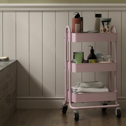 Metal Rolling Cart,3-Tier Pink Rolling Cart with Wheels,Metal Utility Cart with Wheels for Office,Home,Kitchen,Garden（13.4"x18.1"x31"） Pink - color: Pink, size: 31"H