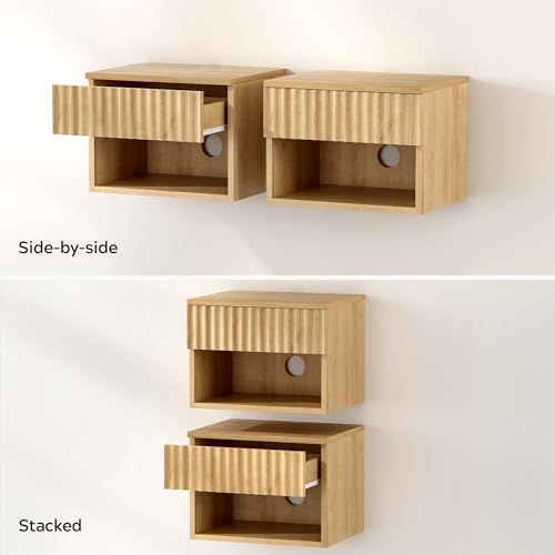 Fluted TV Stands Set of 4, Modern Small Floating Nightstand with Drawer and Open Storage Shelf Night Stand Wall Mounted Bedside Tables Natural Oak - color: Natural Oak, size: 4 PCS