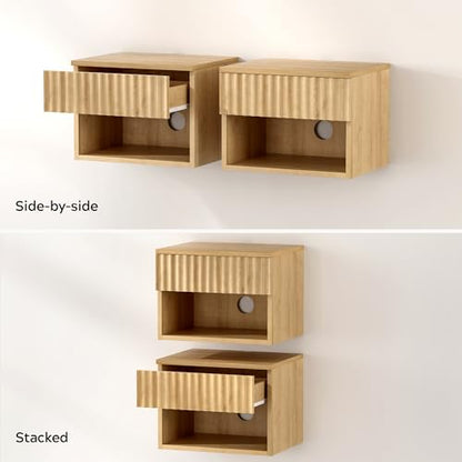 Fluted TV Stands Set of 4, Modern Small Floating Nightstand with Drawer and Open Storage Shelf Night Stand Wall Mounted Bedside Tables Natural Oak - color: Natural Oak, size: 4 PCS