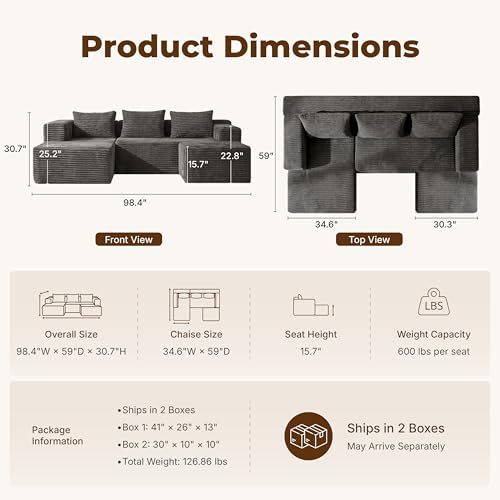 Modular Boneless U-Shaped Couches for Living Room with Side Pockets | Modern Sectional Boneless Corduroy Fluffy Couch Sofa with Deep Seat and Non-Slip Base, No Assembly, Dark Grey - color: Dark Grey, size: U-Shaped