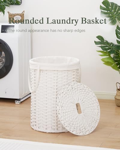 SETVSON Laundry Basket with Lid Round PE Rattan Laundry Hamper, White | 110L Large Woven Basket with Lid, Removable Washable Liner Bag, 2 Mesh Laundry Bags, Foldable Long Side Handles Versatile - color: White, size: 110 L