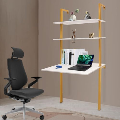 Industrial Wall Mount Desk, 3-Tier Ladder Computer Desk, 30inch Floating Computer Writing Table with Storage Shelves for Home Office Small Spaces (Gold+White) - color: Gold+white
