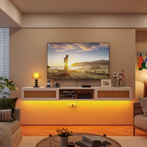 FurniNova 55" Floating TV Stand with Rattan Doors,Boho Media Console,White | Natural Rattan Doors, Boho Wall Mounted Media Console for Up to 100 inch TV, Modern Wood Entertainment Center - size: 55 IN
