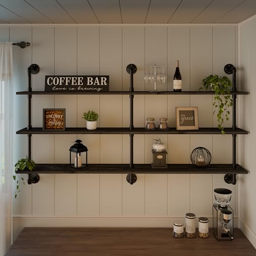 HDDFER Floating Shelves 70 inch Wall Bookshelf Industrial Pipe Shelving Shelves Real Wood Planks Rustic Wall Shelves Hanging Bookshelves Farmhouse Kitchen Bar Shelving - color: Black, size: 3Tier70in