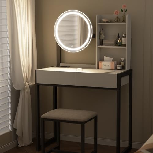 Small Vanity Desk with Mirror and Lights, Makeup Vanity Table with LED Mirror, 3 Lighting Modes, Power Outlet, Drawer, Open Shelves and Cushioned Stool for Bedroom (Black) - color: Black