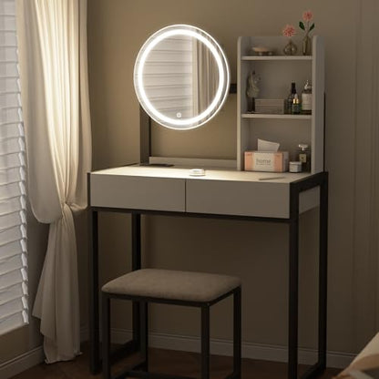 Small Vanity Desk with Mirror and Lights, Makeup Vanity Table with LED Mirror, 3 Lighting Modes, Power Outlet, Drawer, Open Shelves and Cushioned Stool for Bedroom (Black) - color: Black