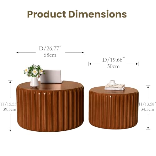 Round Nesting Coffee Tables Set of 2, Walnut | Hidden Storage, Solid Wood Fluted, No Assembly Required, Mid-Century Modern Stackable, For Living Room, Bedroom, Balcony - color: Walnut