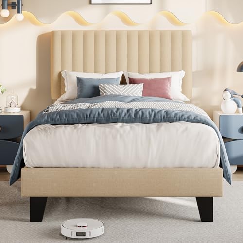 Einhomn Twin Size Bed Frame with Headboard, Upholstered Linen Platform Bedframe with Solid Wooden Slats, Noise-Free, No Box Spring Needed, Easy Assembly, Beige - color: Beige, size: Twin