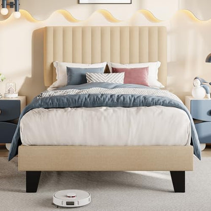 Einhomn Twin Size Bed Frame with Headboard, Upholstered Linen Platform Bedframe with Solid Wooden Slats, Noise-Free, No Box Spring Needed, Easy Assembly, Beige - color: Beige, size: Twin