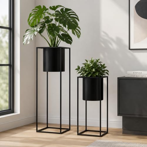 TRIROCKS Set of 2 Planters with Stand Large Metal Planter for Indoor Plants 28 &18" H Plant Pots for Living Room Corner Kitchen Office Garden Balcony Patio Decor(Black) - color: Black
